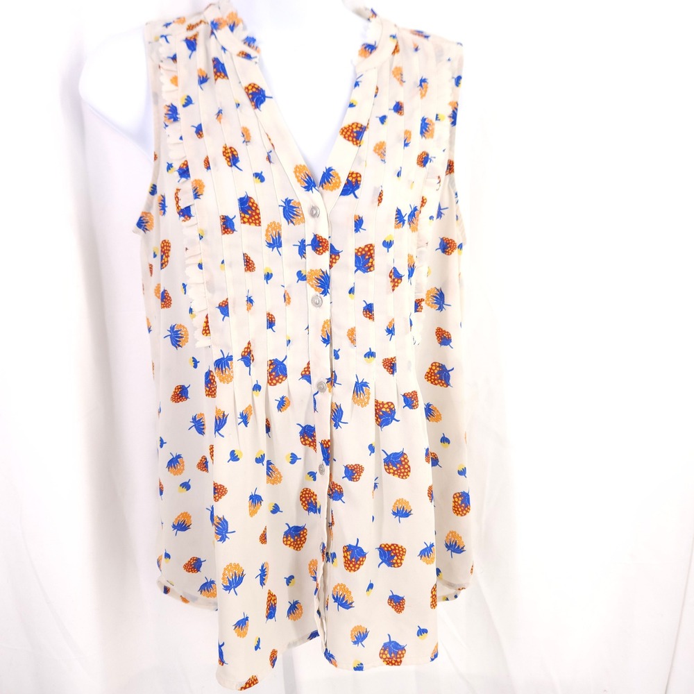 Maeve Anthropologie Strawberry Print Sleeveless Blouseโ Cream Blue Ruffle xs-med